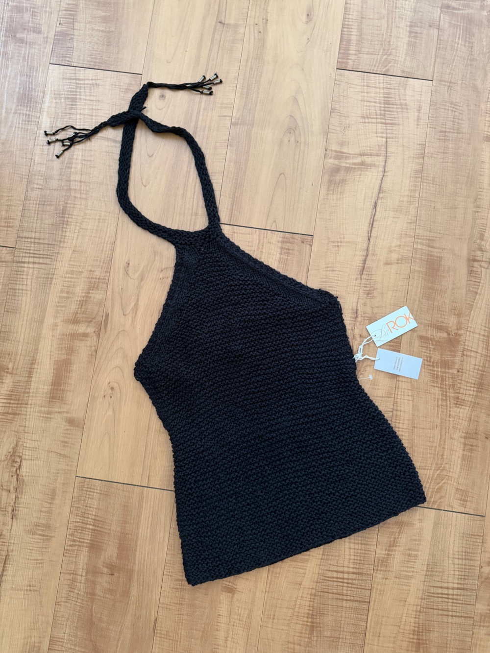 LaRok Rockstar Grunge Black Sweater Knit High Neck Backless Tie-Back Halter Top